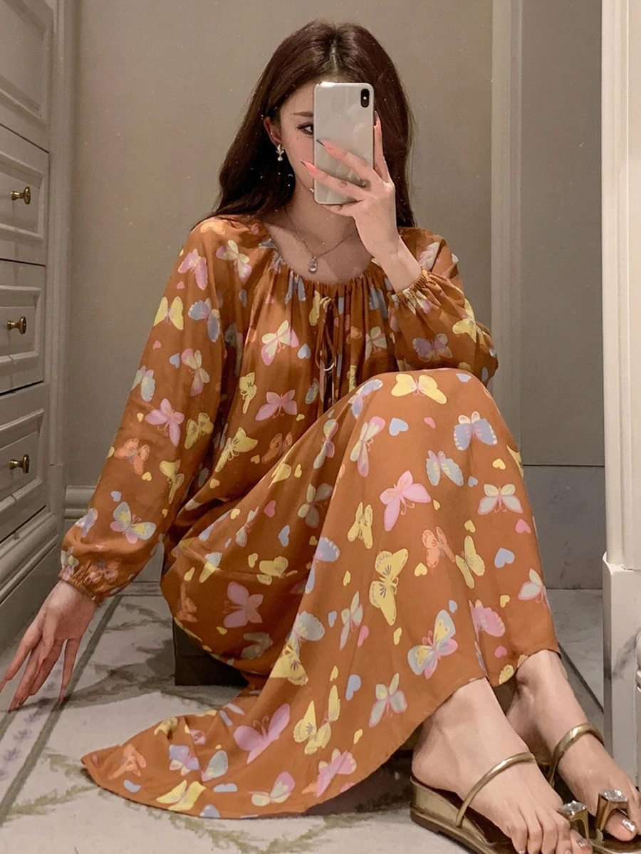 DAZY Allover Butterfly Print Tie Front Lantern Sleeve Sleep Dress - Brown - View 1