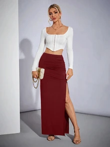 SHEIN Tall 女士半身裙 - 酒紅色 - 查看 5