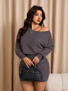 Elaquor Plus Striped Print Asymmetrical Neck Dress - Multicolor - View 5