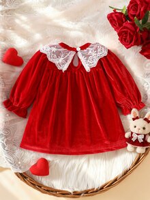 SHEIN 2件組新生女嬰天鵝絨公主洋裝，甜美紅色蕾絲領結蝴蝶結荷葉邊長袖圓領 A 字版毛絨冬秋聖誕派對裙 - 紅色 - 查看 4