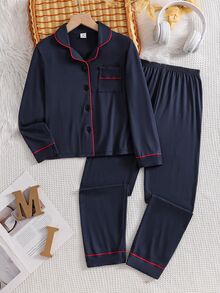 Tween Boy Contrast Piping PJ Set - Navy Blue - View 1