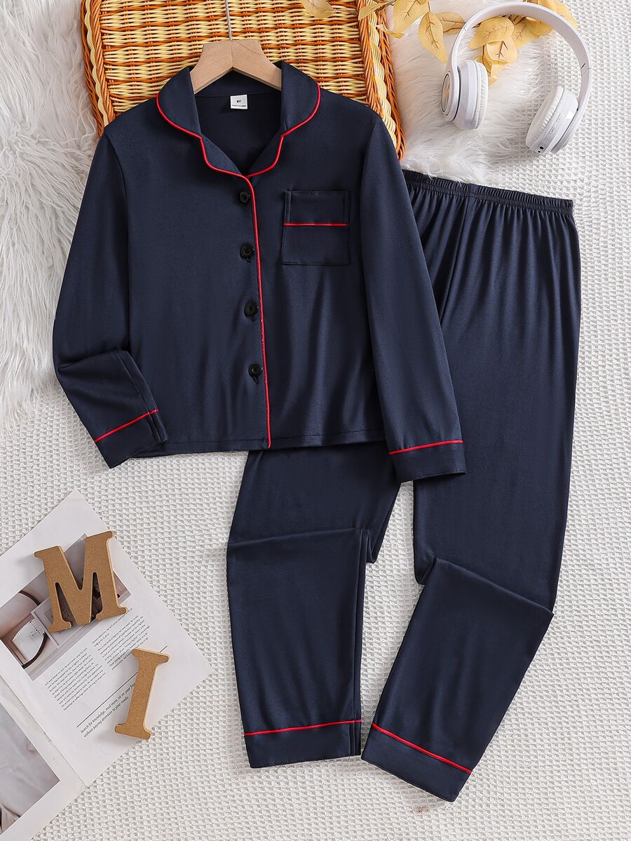 Tween Boy Contrast Piping PJ Set - Navy Blue - View 1