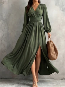 Wandoria Lantern Sleeve Split Thigh Dress - Green - View 5