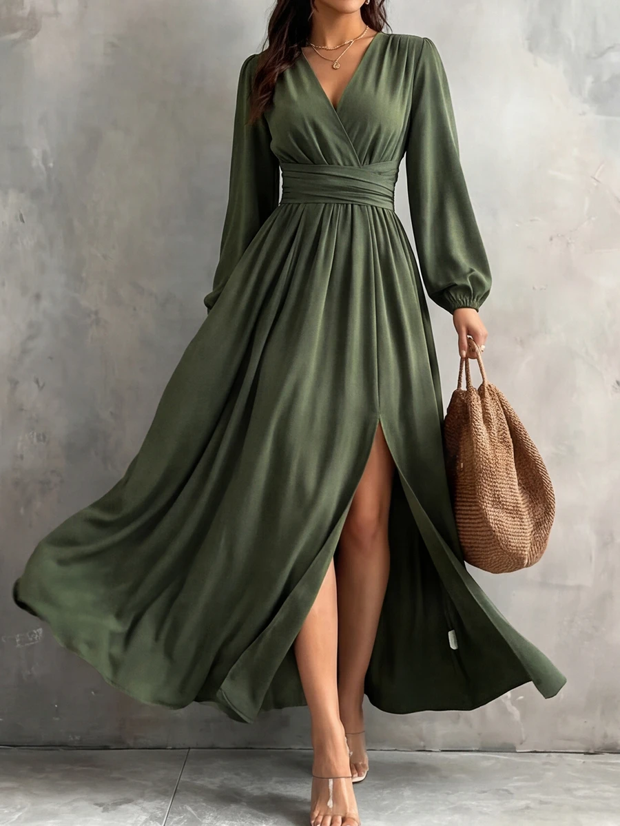 Wandoria Lantern Sleeve Split Thigh Dress - Green - View 1