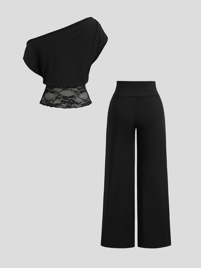 Sweetra Contrast Lace Asymmetrical Neck Top & Knot High Waist Pants Set