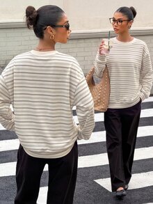 Muchica 1件條紋印花落肩衛衣 - 白色 - 查看 8