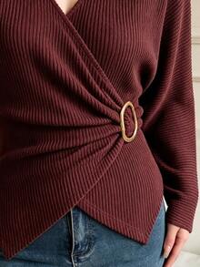 Celisse Solid Batwing Sleeve Wrap Tee - Brown - View 4
