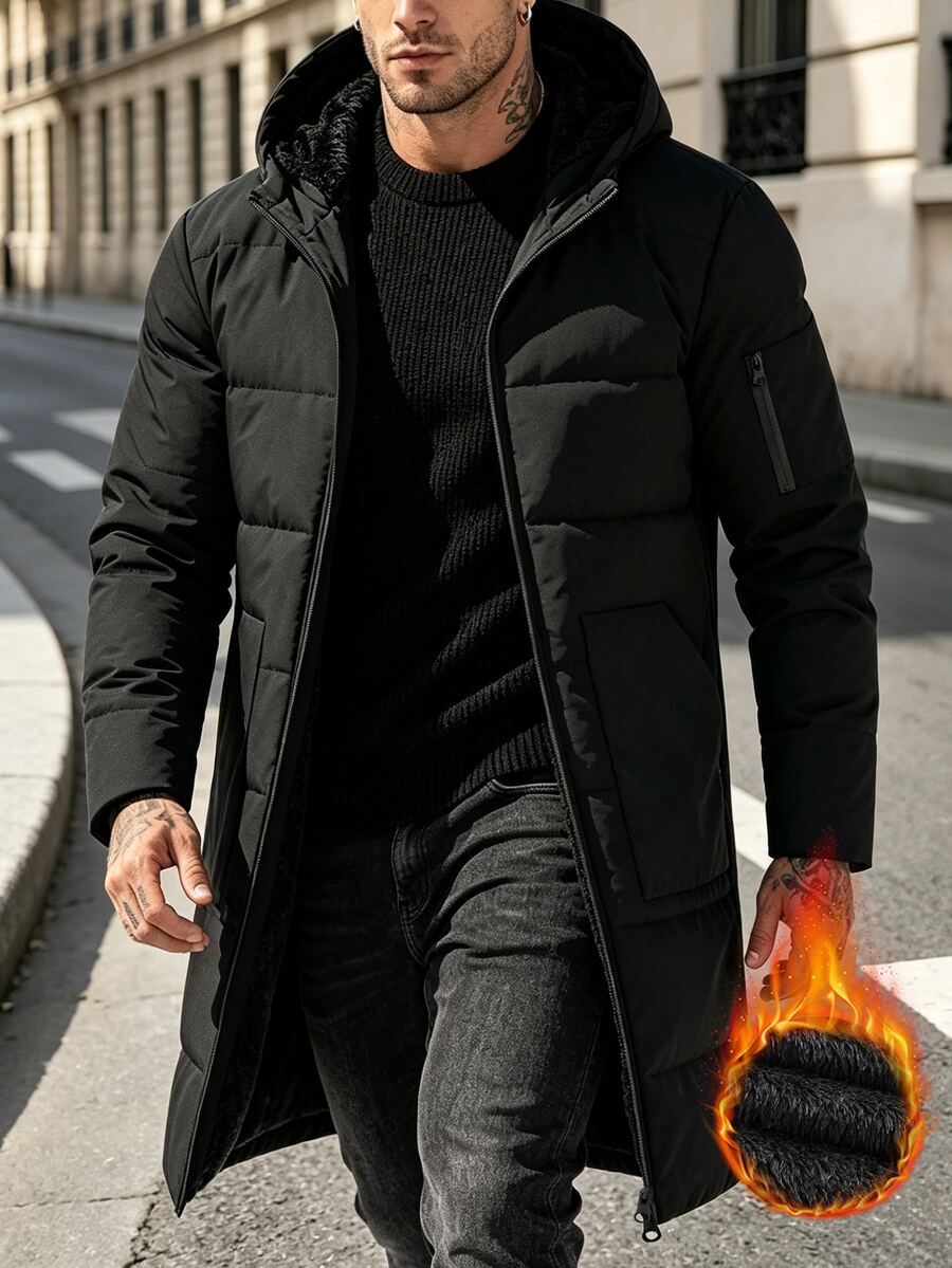 Manfinity Homme Men Solid Thermal Hooded Longline Padded Coat - Black - View 1