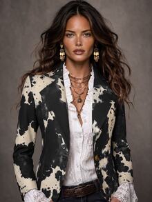 Solivie Graphic Print Single Button Blazer - Black - View 3