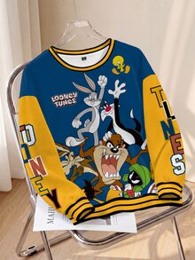 LOONEY TUNES X SHEIN Plus Cartoon & Letter Graphic Striped Trim Drop Shoulder Sweatshirt Fall - White - View 1