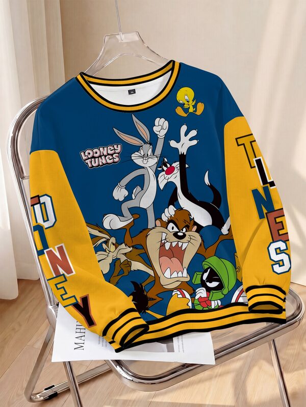 LOONEY TUNES X SHEIN Plus sweatshirt med tecknad grafik, boktryck, randig kant och drop shoulder