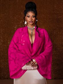 Maweii Plus Draped Collar Trumpet Sleeve Blouse - Hot Pink - View 2