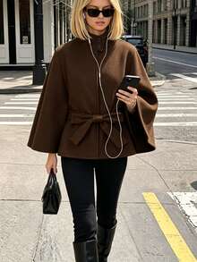 SHEIN PariChic Solid Belted Cape Overcoat - Coffee Brown - View 4