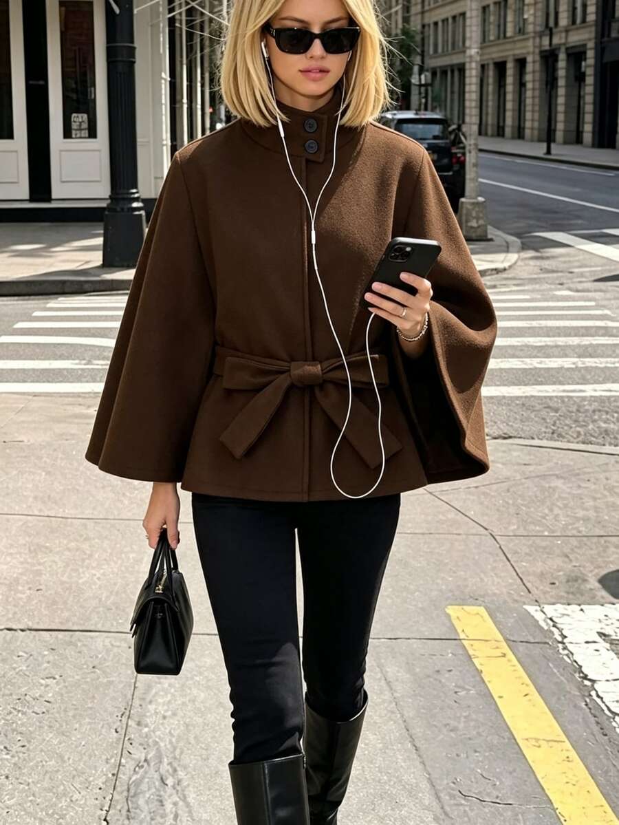 SHEIN PariChic 純色繫帶披風大衣 - 咖啡棕 - 查看 1