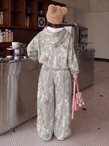青少年女孩樹枝印花落肩連帽衛衣與寬腿長褲套裝 - 彩色 - 查看 2