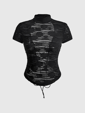Grunge Punk Top con collo alto, strappi e orlo con coulisse