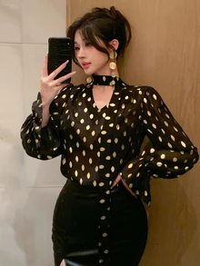 DAZY Gold Dot Print Tie Neck Flounce Sleeve Sheer Shirt Fall Long Sleeve Tops - Black - View 6