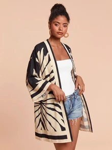 Travachic Tropical Plants Pattern Drop Shoulder Kimono - Black - View 3