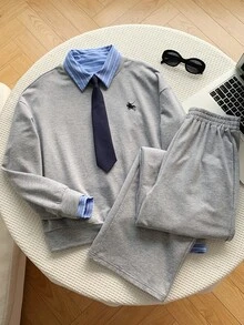 Comfortcana Contrast Collar 2 In 1 Top & Pants With Tie - Light Grey - View 5