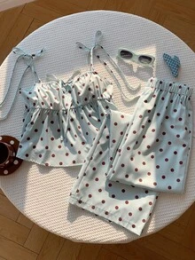 Comfortcana 女款春夏休閒黑色波點印花細肩帶背心與長褲兩件套，夏季可愛波點兩件套，情人節波點兩件套 - 綠色 - 查看 3