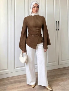 Elenzga Mock Neck Asymmetrical Hem Tee - Brown - View 5