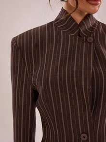 SHEIN BAE 條紋印花前開鈕扣西裝外套 - 棕色 - 查看 7