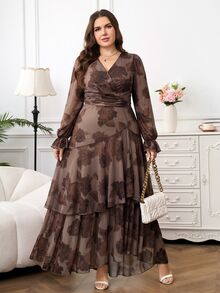 Reflora Plus Floral Print Flounce Sleeve Layer Hem Mesh Dress - Mocha Brown - View 7
