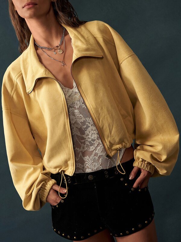 Bohemela Zip Up Drawstring Hem Drop Shoulder Jacket