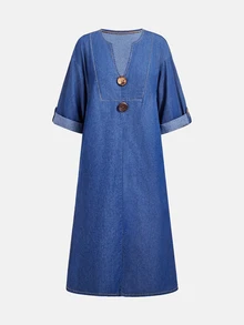 Balvessa Gaun Denim dengan Leher Berlekuk, Lengan Gulung, dan Belahan di Bagian Bawah. - Biru - View 3