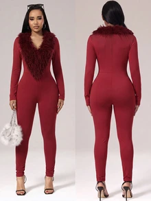 Glyssa Fuzzy Trim Unitard Jumpsuit - Burgundy - View 1