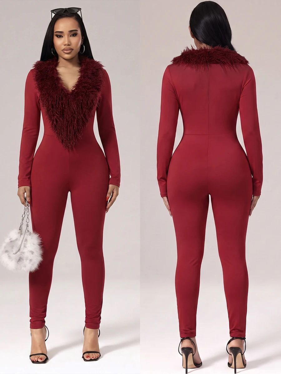 Glyssa Fuzzy Trim Unitard Jumpsuit - Burgundy - View 1