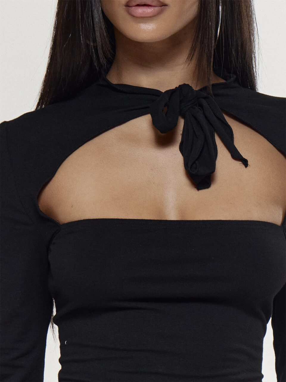 Cut Out Front Tie Up Neckline Fitted Long Sleeve Top