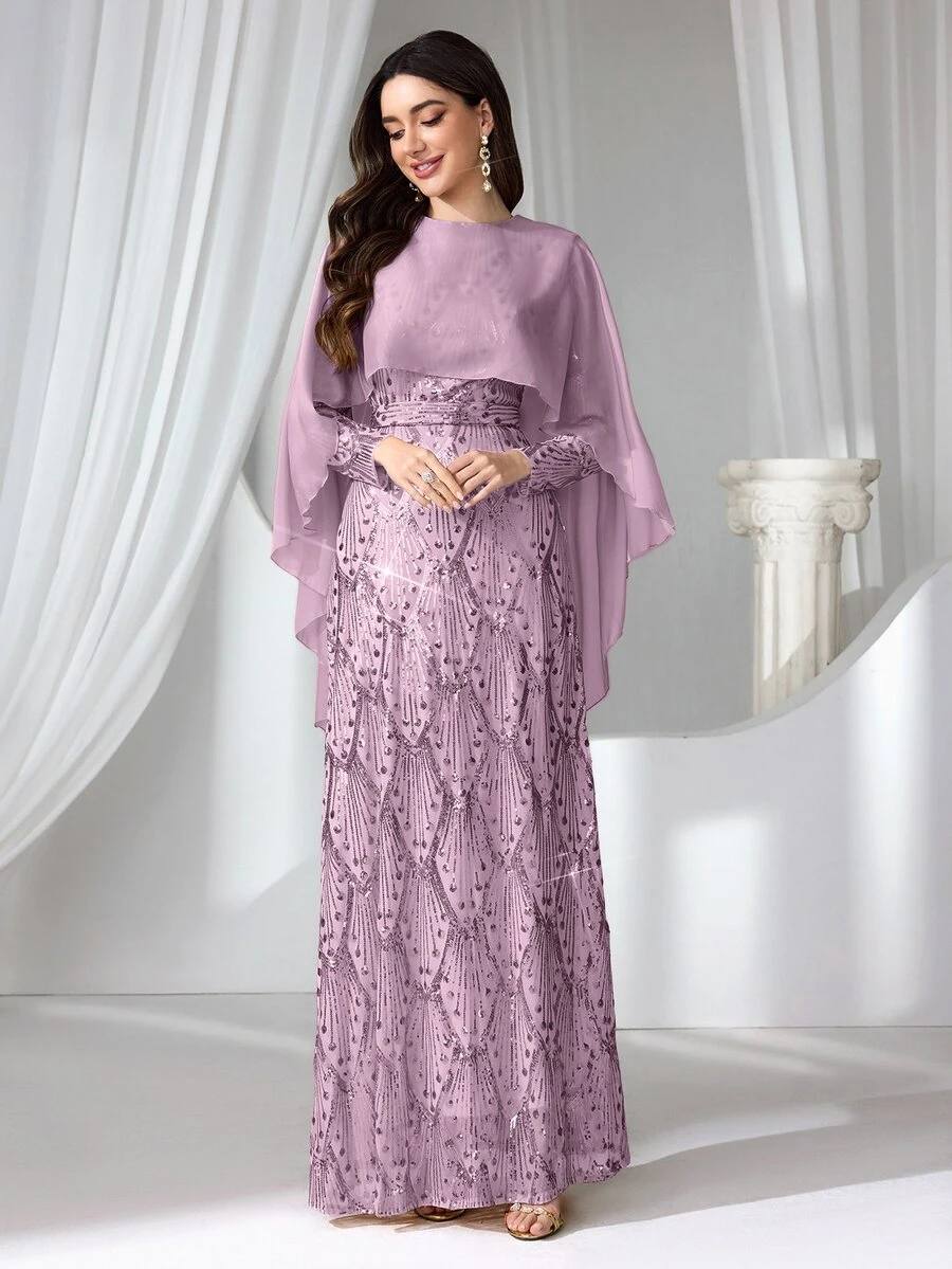 Coutiva 女款亮片披肩式正式晚禮服洋裝（重工裝飾）