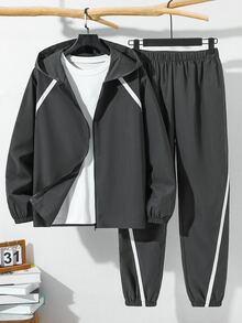 SHEIN 青少年男孩對比色膠帶拉鍊連帽外套與長褲套裝 - 灰色 - 查看 3
