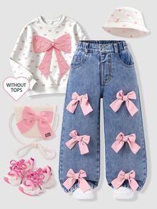 SHEIN ChillGRL 女童蝴蝶結前綴寬腿牛仔褲 - 中等水洗藍 - 查看 1