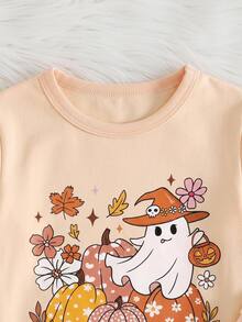 SHEIN Baby Girl Halloween Cartoon Graphic Pajamas Set - Pink - View 3