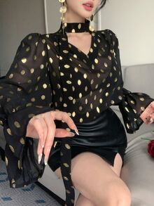 DAZY Gold Dot Print Tie Neck Flounce Sleeve Sheer Shirt Fall Long Sleeve Tops - Black - View 3