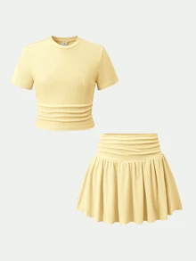 SHEIN Tween Girls T-Shirt Co-Ords - Yellow - View 2