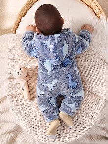 SHEIN 新生兒恐龍印花拉鍊連帽法蘭絨睡衣連身衣 - 藏蓝色 - 查看 2