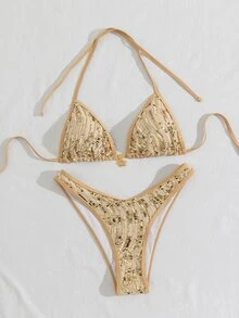 SHEIN Swim Bikini Segitiga Halter Berpayet untuk Pantai Musim Panas - Emas - View 1