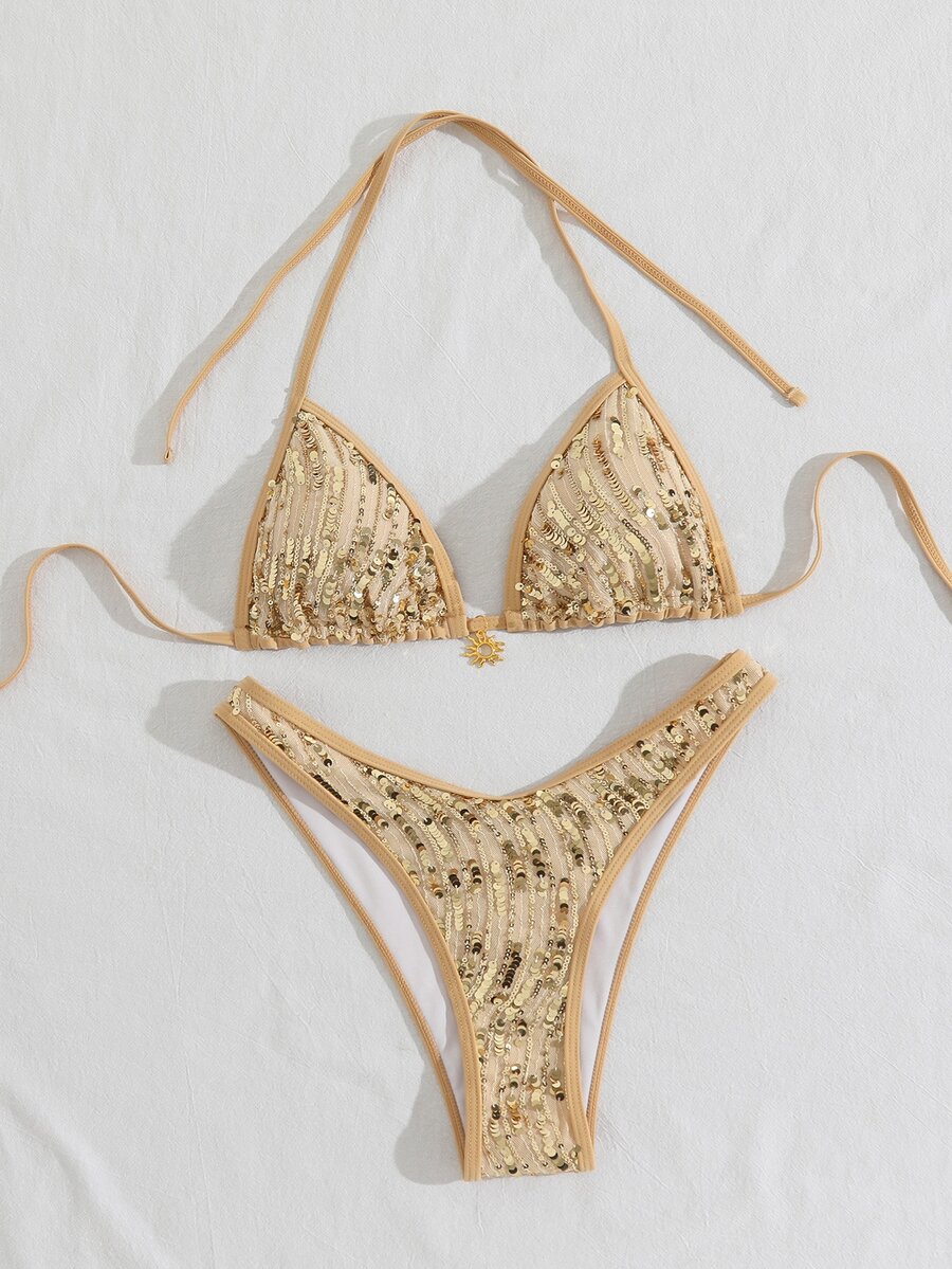 SHEIN Swim Bikini Segitiga Halter Berpayet untuk Pantai Musim Panas - Emas - View 1