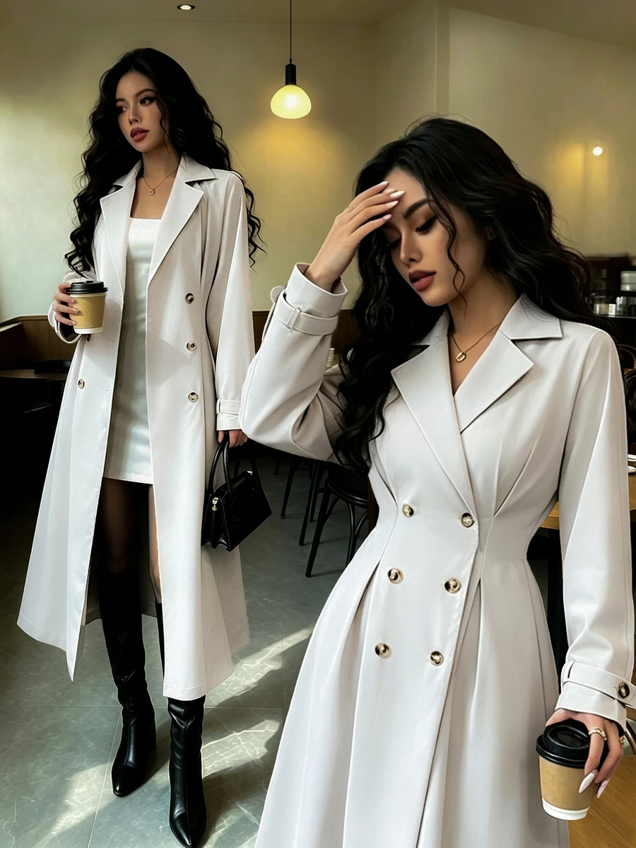 Elenzga Double Breasted Lapel Neck Coat - Grey - View 1