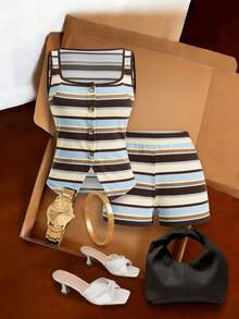 Lavishia Block Striped Tank Top & Shorts - Multicolor - View 6