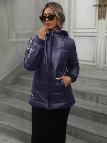 Aveloria Modichic 簡約格紋絎縫連帽拉鍊加厚外套 冬季休閒百搭款 - 藍色 - 查看 4