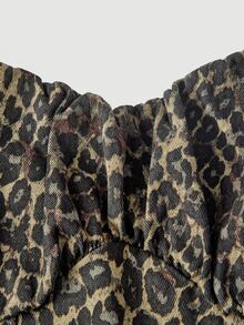 SHEIN MOD Plus Leopard Print Ruched Bust Split Thigh Cami Denim Dress - Multicolor - View 3