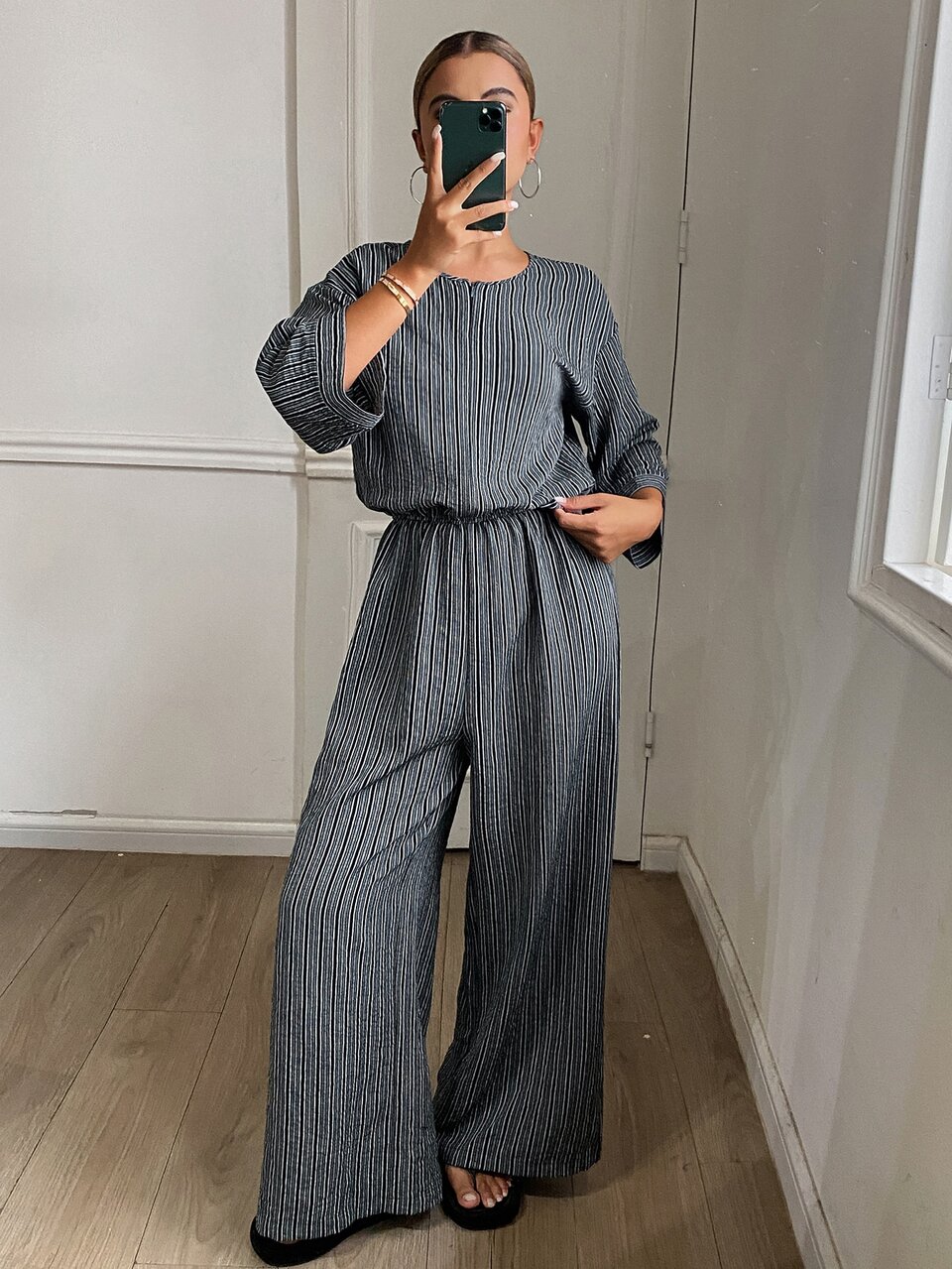 Contrast Striped Print Drop Shoulder Wide Leg Sleep Romper