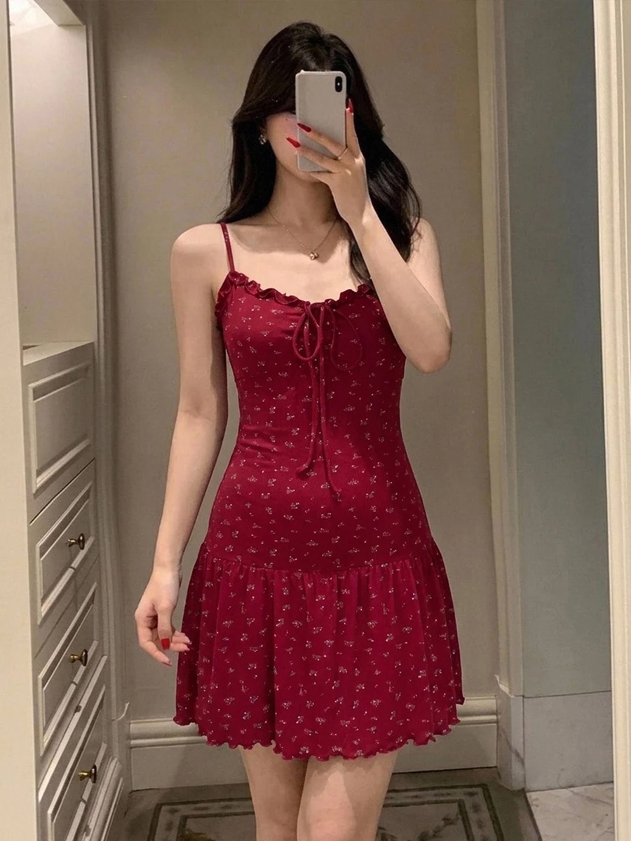 DAZY Solid Frill Trim Knot Front Cami Sleep Dress - Burgundy - View 1