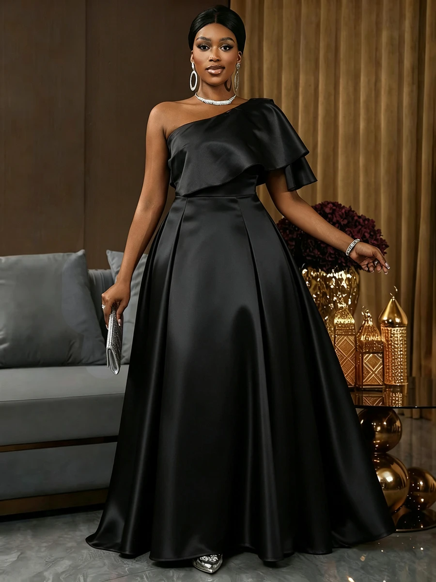 Lunelith SHEIN Lunessa One Shoulder Ruffle Trim Satin Maxi Dress - Black - View 1