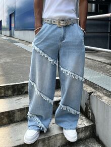 Manfinity EMRG Men Raw Trim Straight Leg Jeans Without Belt - Blue - View 6