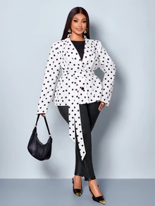 SOLERSUN Plus Polka Dot Print Belted Blazer - Black and White - View 5
